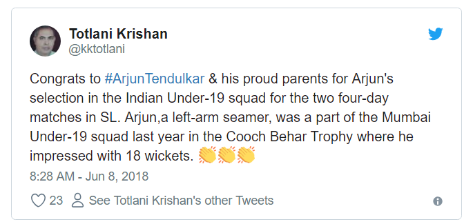 Arjun Tendulkar in Indian Team