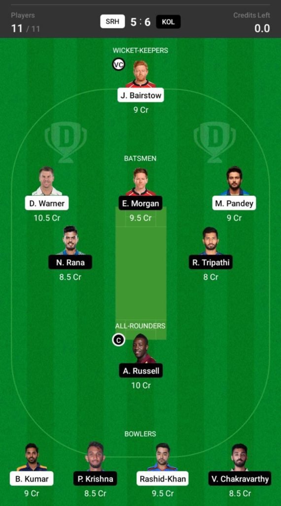 SRH vs KKR Dream11 Team Prediction