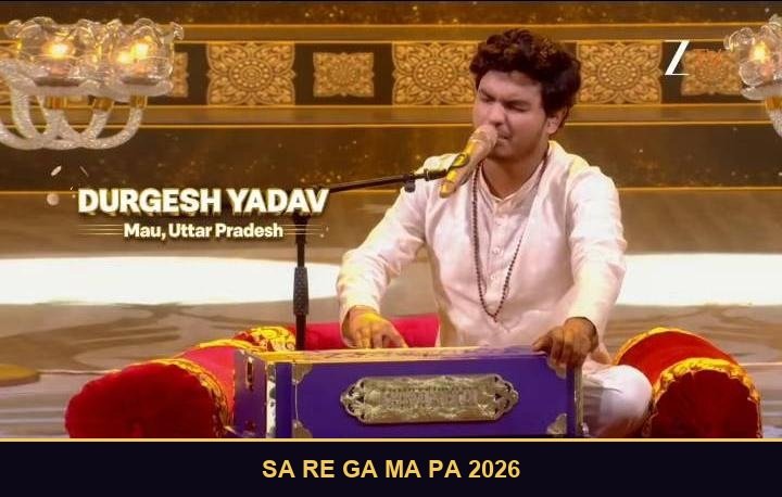 Durgesh Yadav, Sa Re Ga Ma Pa 2026 contestant from Mau, Uttar Pradesh, singing while playing the harmonium