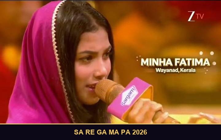 Minha Fatima, Sa Re Ga Ma Pa 2026 contestant from Wayanad, Kerala, performing with a Sargam-branded microphone