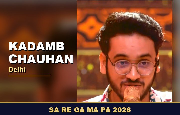 Kadamb Chauhan, Sa Re Ga Ma Pa 2026 contestant and singer from Delhi, performing with a Sargam-branded microphone