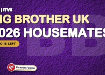 Big Brother UK 2026 housemates graphic on ITV2 with the ReadersFusion tag