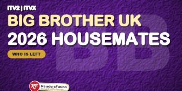 Big Brother UK 2026 housemates graphic on ITV2 with the ReadersFusion tag