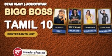 Bigg Boss Tamil 10 host Vijay Sethupathi with housemates TTF Vasan, Lakshmi Priya and Adavadi Ansar