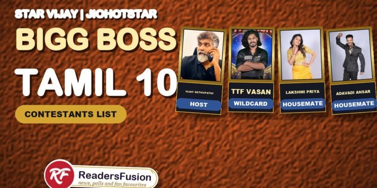 Bigg Boss Tamil 10 host Vijay Sethupathi with housemates TTF Vasan, Lakshmi Priya and Adavadi Ansar