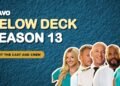 Below Deck Season 13 cast and crew on the yacht Azul V, including Captain Kerry Titheradge, Fraser Olender and Rainbeau de Roos