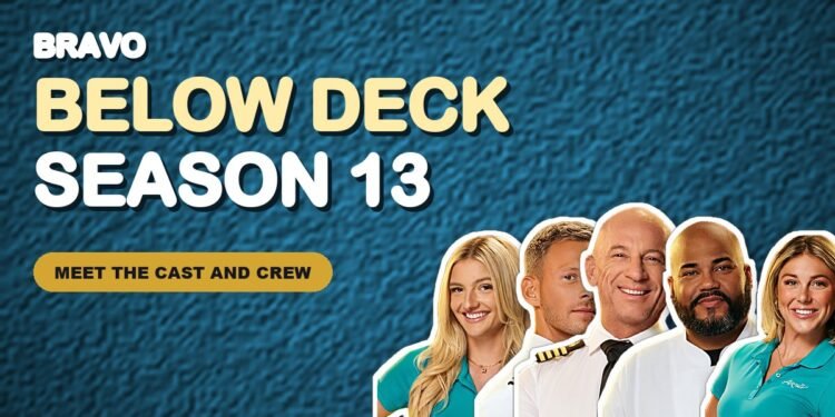 Below Deck Season 13 cast and crew on the yacht Azul V, including Captain Kerry Titheradge, Fraser Olender and Rainbeau de Roos
