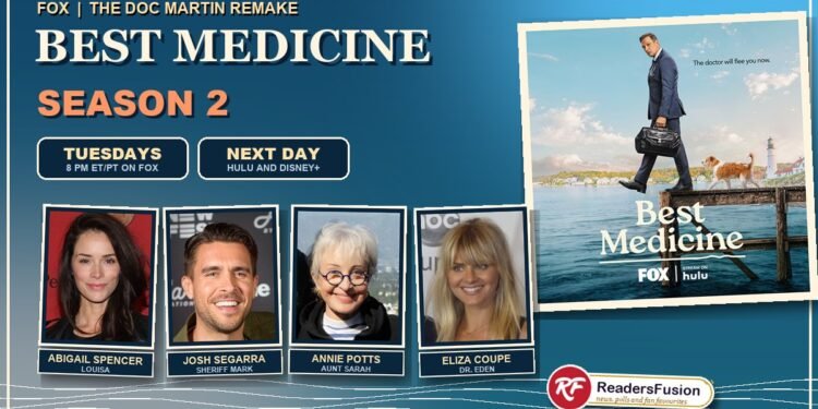 Best Medicine Season 2 graphic with the official key art and cast Abigail Spencer, Josh Segarra, Annie Potts and Eliza Coupe