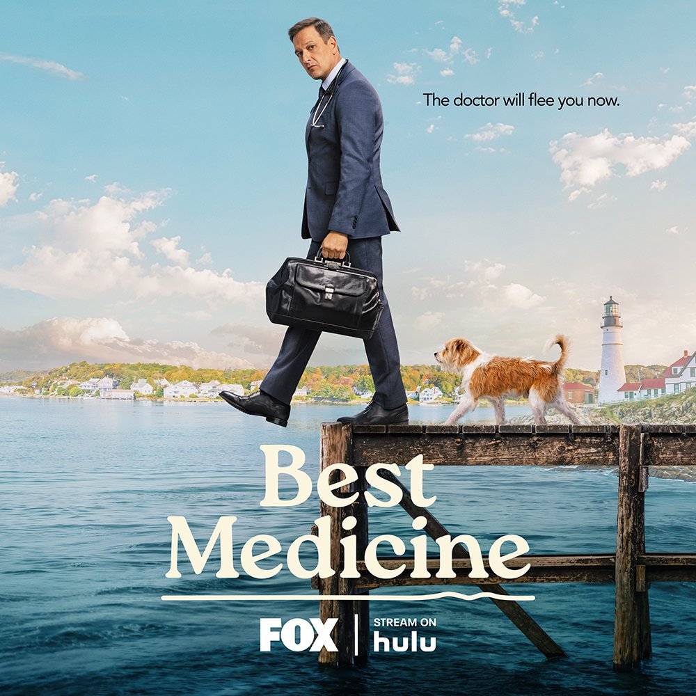 Official Best Medicine Season 2 key art with Josh Charles as Dr. Martin Best on a dock in Port Wenn, Maine