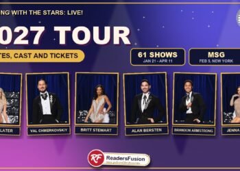 Dancing with the Stars: Live! 2027 tour graphic with pros Emma Slater, Val Chmerkovskiy, Britt Stewart, Alan Bersten, Brandon Armstrong and Jenna Johnson