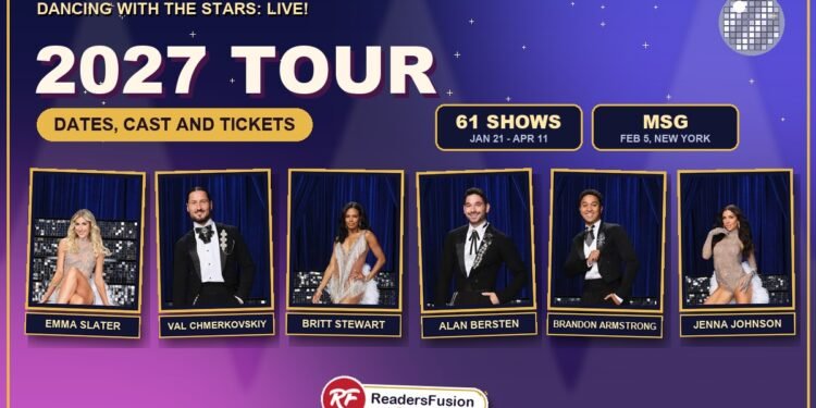 Dancing with the Stars: Live! 2027 tour graphic with pros Emma Slater, Val Chmerkovskiy, Britt Stewart, Alan Bersten, Brandon Armstrong and Jenna Johnson