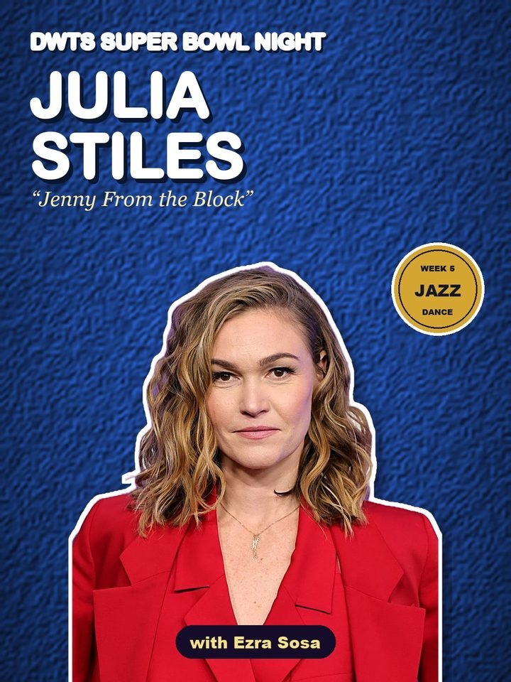 Julia Stiles and Ezra Sosa, Jazz to Jenny From the Block, DWTS Season 35 Super Bowl Night