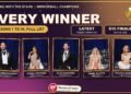 Dancing with the Stars winners list graphic with Mirrorball-winning pros Val Chmerkovskiy, Jenna Johnson, Alan Bersten, Emma Slater and Sharna Burgess