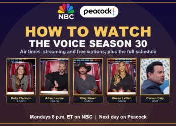 How to watch The Voice Season 30 on NBC and Peacock, with coaches Kelly Clarkson, Adam Levine, Riley Green and Queen Latifah and host Carson Daly