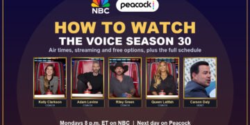 How to watch The Voice Season 30 on NBC and Peacock, with coaches Kelly Clarkson, Adam Levine, Riley Green and Queen Latifah and host Carson Daly