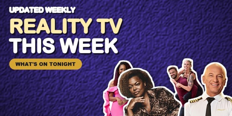 Reality TV shows this week graphic with cast members from Love Is Blind, The Traitors, The Amazing Race and Below Deck
