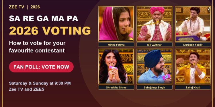 Sa Re Ga Ma Pa 2026 voting guide with contestants Minha Fatima, Mir Zulfikar, Durgesh Yadav, Shraddha Shree, Sehajdeep Singh and Sairaj Khati