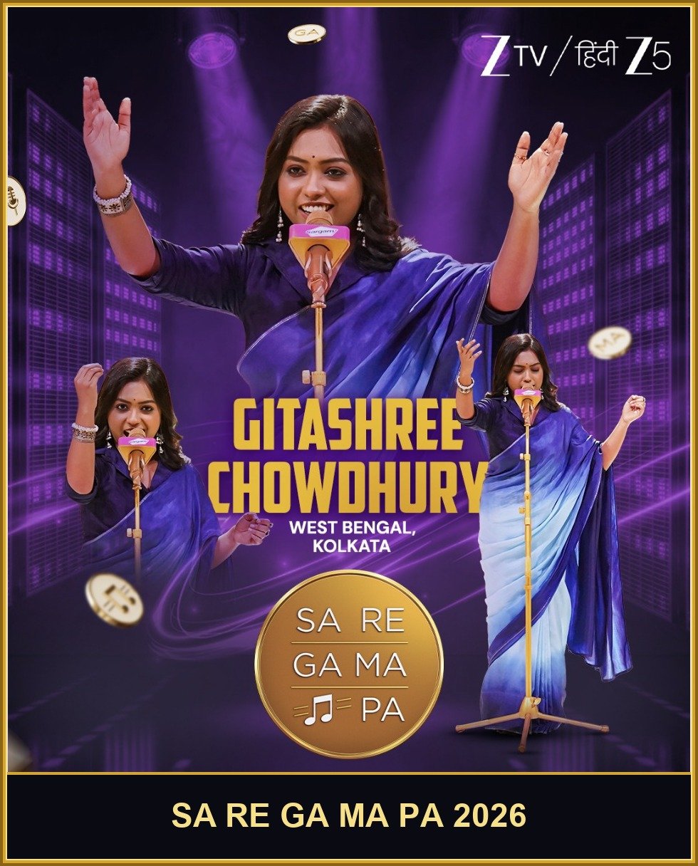 Gitashree Chowdhury, Sa Re Ga Ma Pa 2026 contestant from Kolkata, West Bengal, singing with arms raised on stage