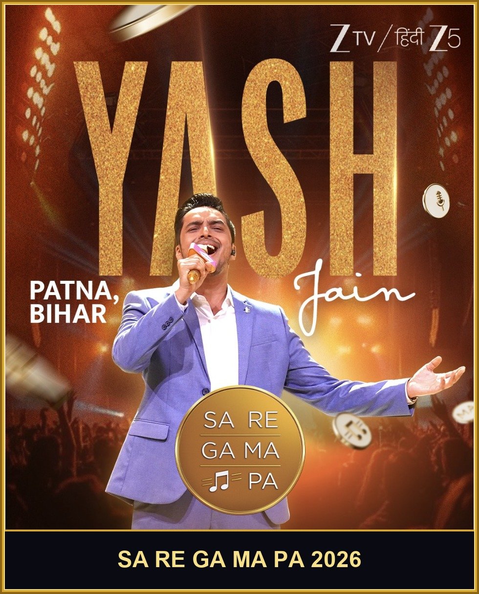 Yash Jain, Sa Re Ga Ma Pa 2026 contestant and singer from Patna, Bihar, performing in a blue blazer on stage
