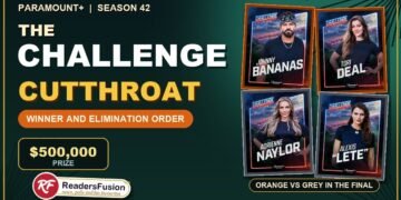 The Challenge Season 42 Cutthroat winner and elimination order featured image with Johnny Bananas, Tori Deal, Adrienne Naylor and Alexis Lete cast cards
