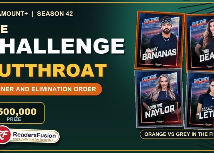 The Challenge Season 42 Cutthroat winner and elimination order featured image with Johnny Bananas, Tori Deal, Adrienne Naylor and Alexis Lete cast cards