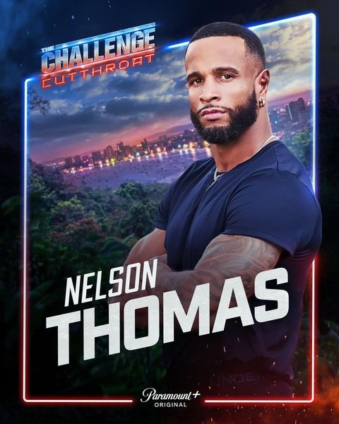 Nelson Thomas, The Challenge Season 42 Cutthroat player on Team Blue, official Paramount+ cast card