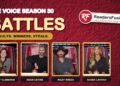 The Voice Season 30 Battles graphic with coaches Kelly Clarkson, Adam Levine, Riley Green and Queen Latifah