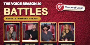 The Voice Season 30 Battles graphic with coaches Kelly Clarkson, Adam Levine, Riley Green and Queen Latifah
