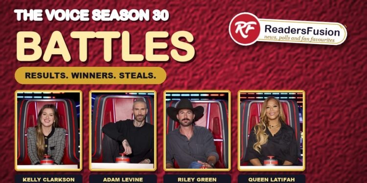 The Voice Season 30 Battles graphic with coaches Kelly Clarkson, Adam Levine, Riley Green and Queen Latifah