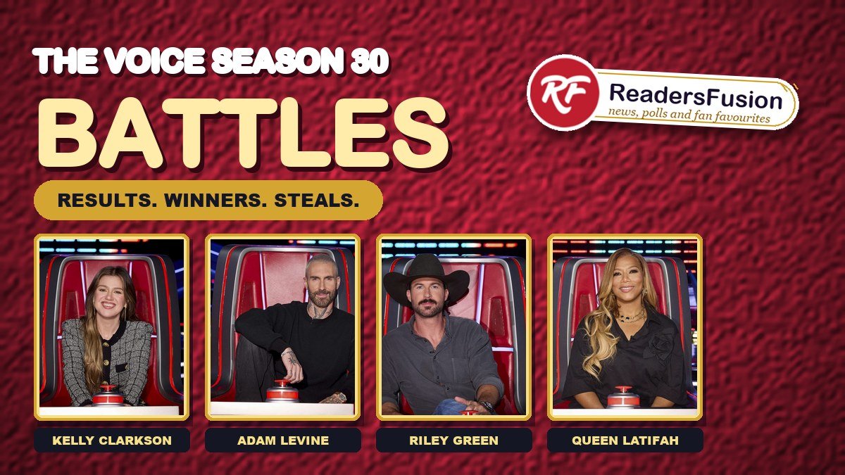 The Voice Season 30 Battles graphic with coaches Kelly Clarkson, Adam Levine, Riley Green and Queen Latifah