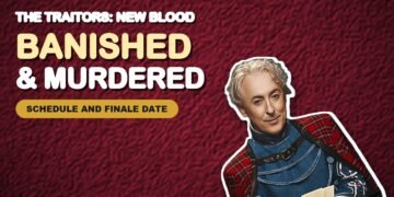The Traitors: New Blood schedule and eliminations graphic with host Alan Cumming