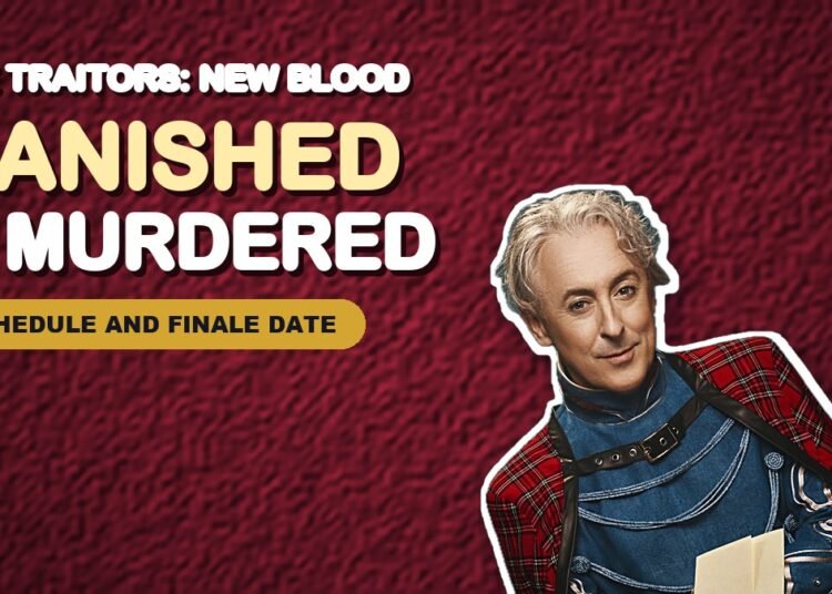 The Traitors: New Blood schedule and eliminations graphic with host Alan Cumming
