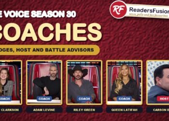 The Voice Season 30 coaches Kelly Clarkson, Adam Levine, Riley Green and Queen Latifah with host Carson Daly